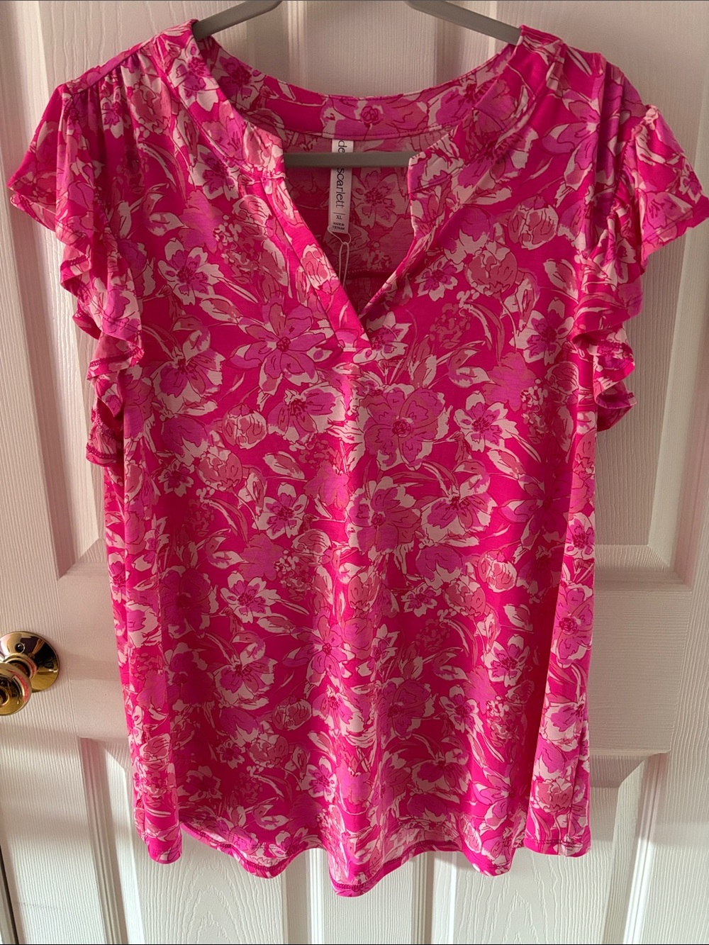 Dear Scarlett Bright Pink Floral Ruffle Sleeve Women's Top